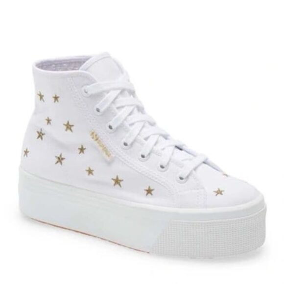NWOT Superga 2705 Embroidered Platform High Top Sneaker In Stars - Picture 1 of 3